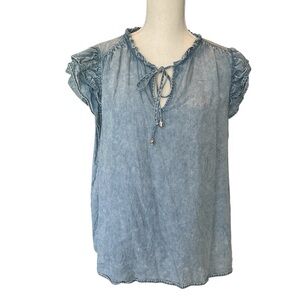Jane and DeLancey Light Blue Ruffle Tie-Neck Women's Top XL